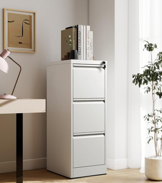3-Drawer Locking Vertical File Cabinet, Metal Storage Cabinet for Office/Home – Secure Vertical Filing for Letter/Legal/A4/F4 Documents, Easy to Assemble Steel Cabinet (White, 3 Drawer-40 H)