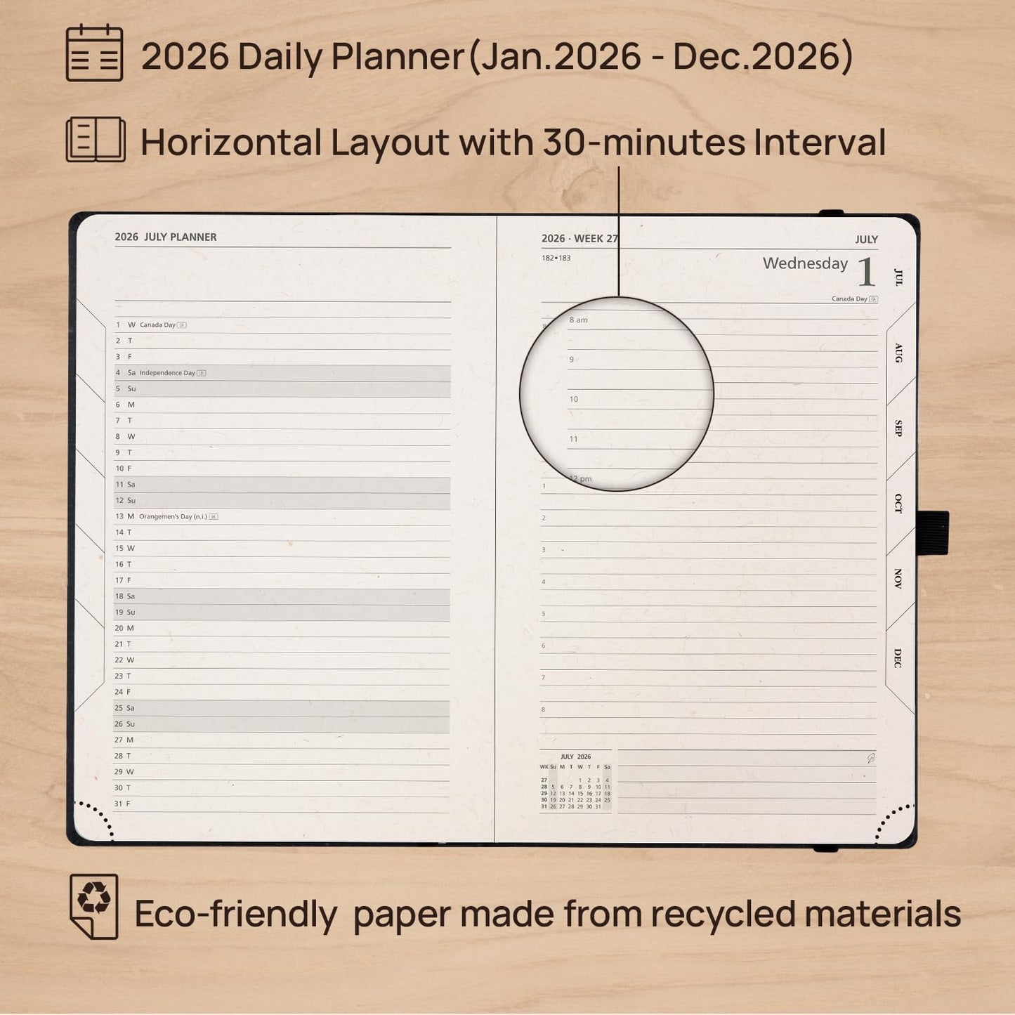 POPRUN 2026 Recycled Daily Planner 12 Months (A5 Medium Size 5.75'' x 8.6'') - One Page Per Day Calendar Hourly Appointment Book with Italian Regenrated Leather, Monthly Tabs, Pocket - Black Grey
