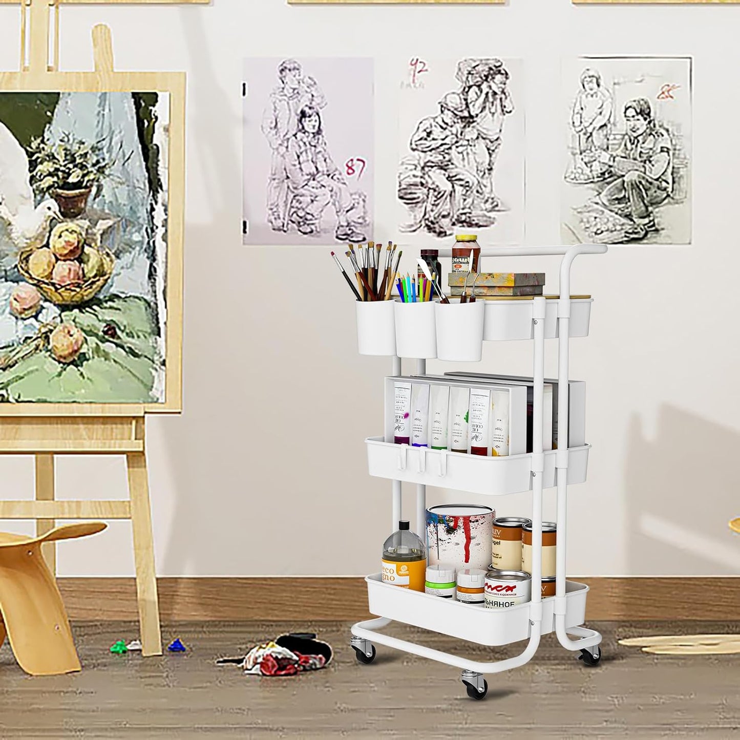 3 Tier Rolling Cart with Metal Handle, Table Top, Hanging Cups, Hooks, Plastic Storage Baskets& Wheels Lockable, Utility Cart for Bathroom Classroom Office Kitchen Pantry Organizers and Storage, White