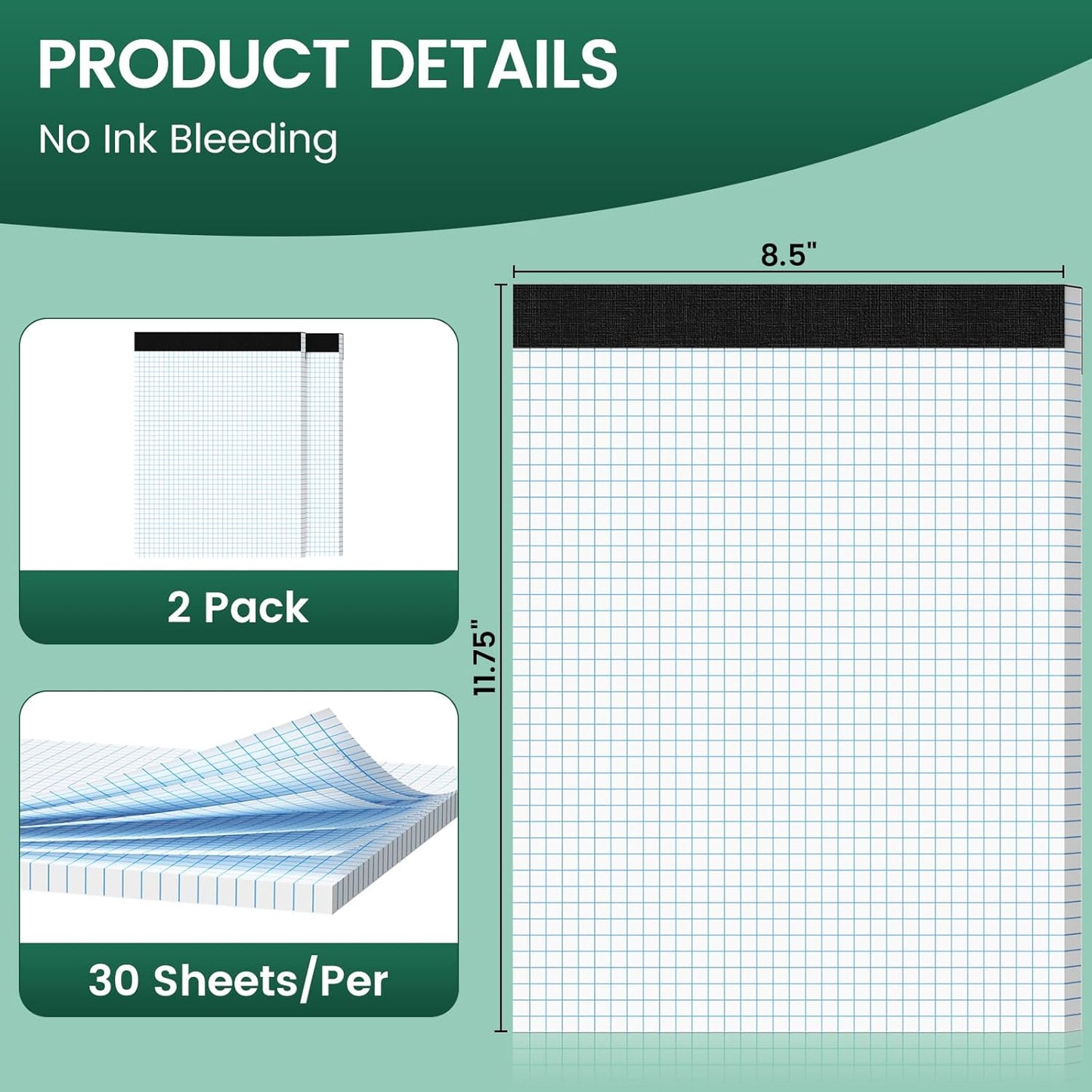 Graph Paper 8.5 X 11, 2 Pack, 4x4 Quad Ruled, Grid Paper Pad 8-1/2" X 11.75", Grid Pad 8.5 X 11.75, Engineering Notebook, Easy Tears Off, White 70 Gsm Graft Paper