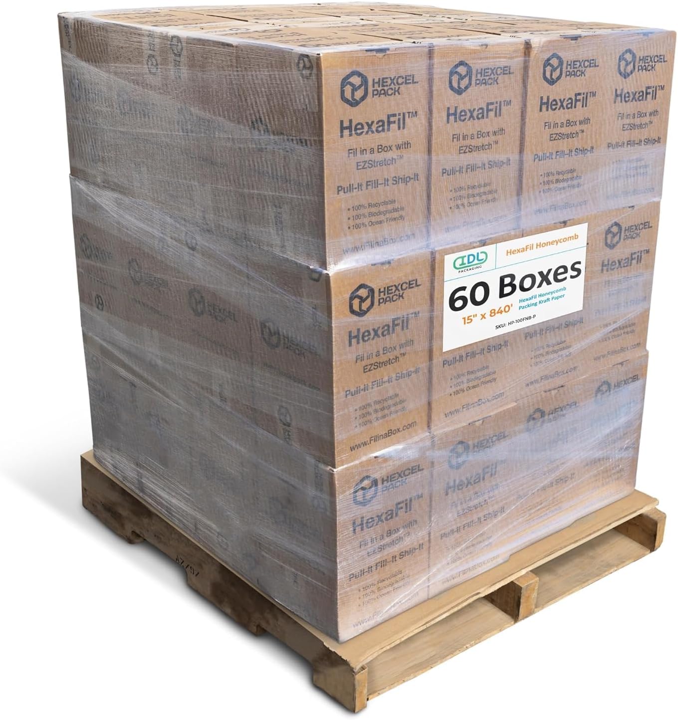 IDL Packaging HexaFil Honeycomb Packing Kraft Paper 15" x 840' in Self-Dispensed Box (Pallet of 60) - Patented Cushioning Box Filler for Void Filling, Moving, Shipping - Alternative to Bubble Plastic