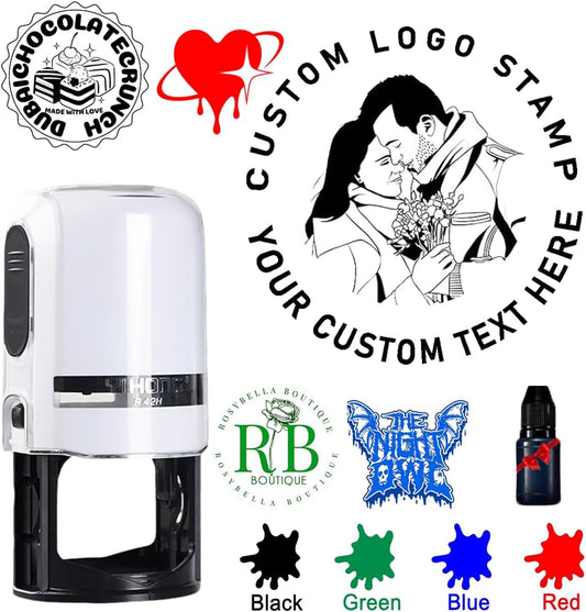 Custom Logo Stamp,Personalized Business Stamp Customized Self-Inking Stamp Business Logo Text Address Stamp-Round,4 Ink Colors Available (White Case)