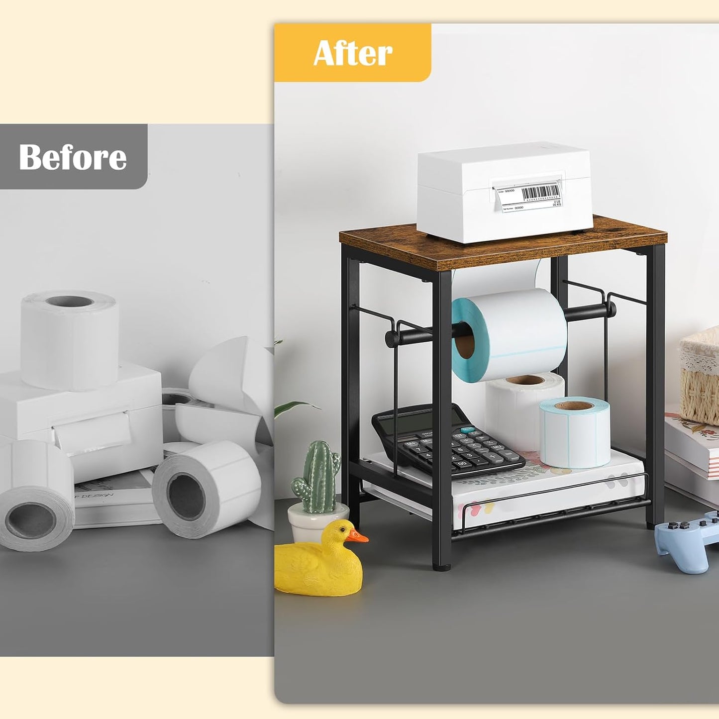 Label Holder Thermal Shipping Label Holder for Rolls & Fan-Fold, Sticker Roll Holder with Basket Desktop Label Roll Dispenser Accessory for Home, Office, Small Business, Rustic Brown