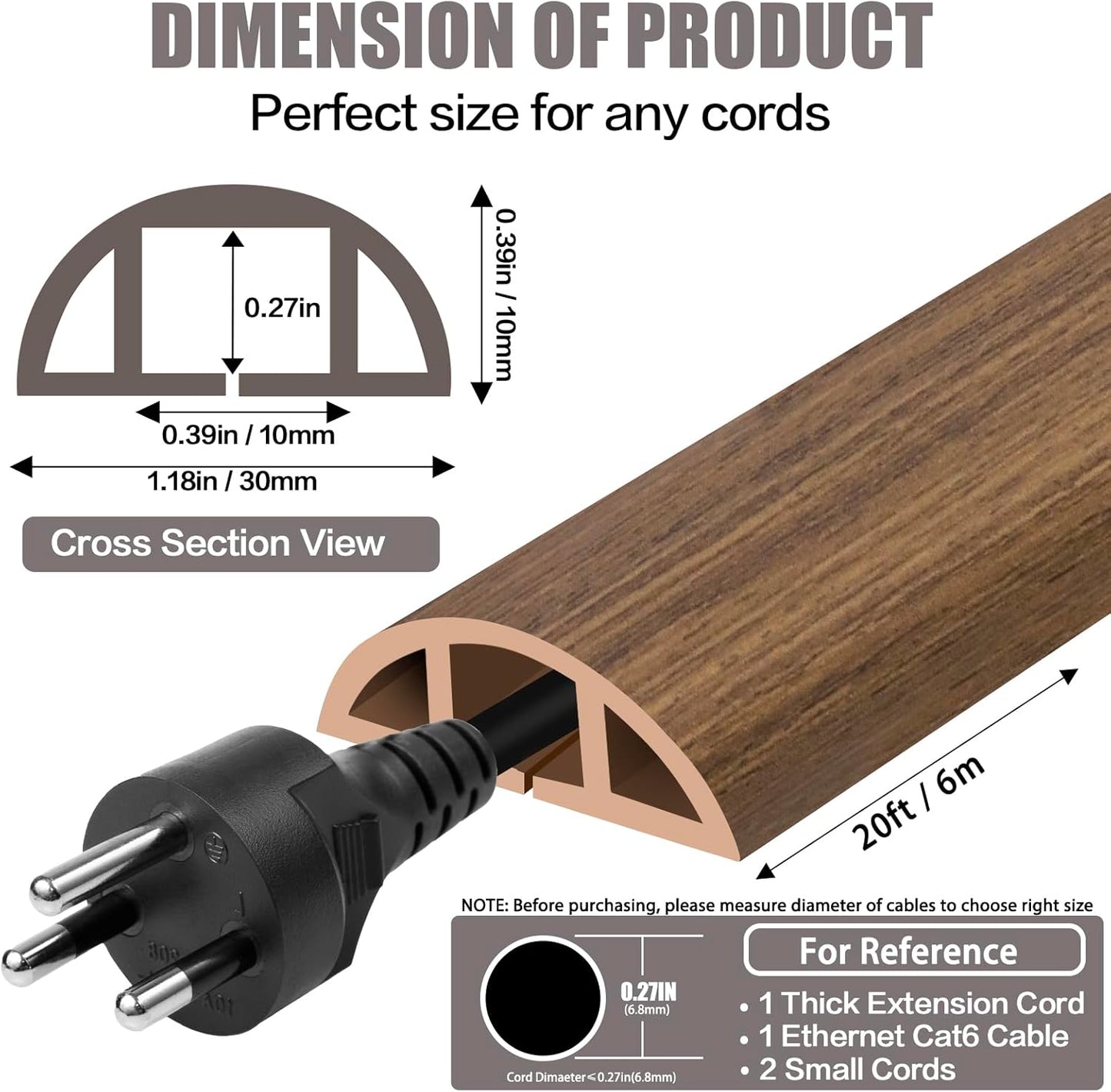 Floor Cord Cover Cable Cavity Self Adhesive Cord Hider Floor 10FT Floor Cable Management Power Cord Protector Floor Electric Cord Covers for Offices, Gym, Exhibitions (Misty Brown Wood, 1.18" x 20')