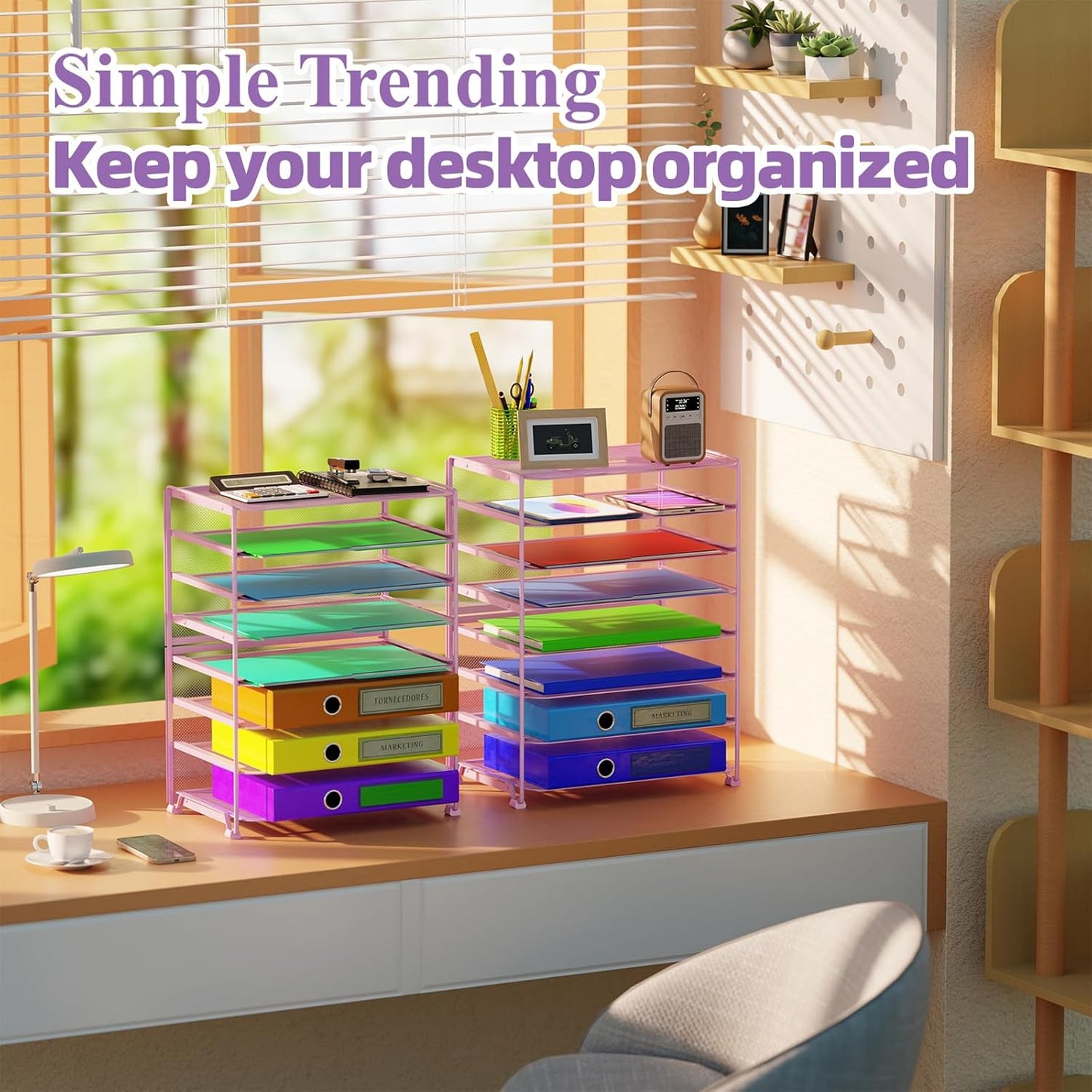 Simple Trending 2 Pack 8 Tier Letter Tray Paper - Mesh Desk File Organizer for Office School Desktop, Violet
