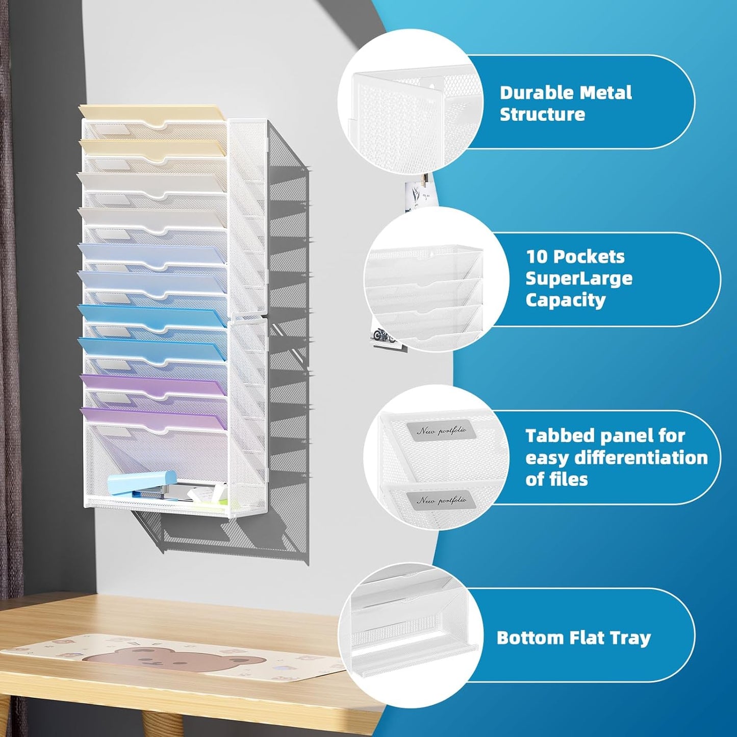 Marbrasse Wall File Holder 11-Tier Hanging Wall File Organizer, for Papers, Files Clipboard & Magazine Organizer, Wall Mount File Holder Great for Office Home (White)