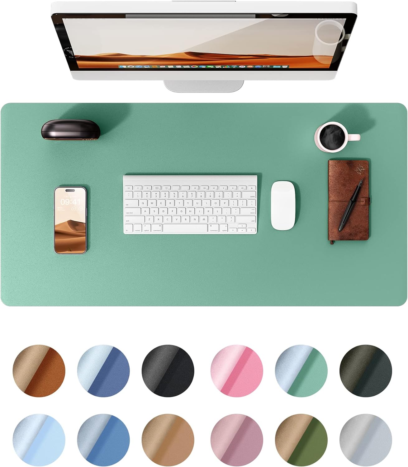 YSAGi Leather Desk Protector, Office Mat, Large Mouse Mat, Non-Slip PU Leather Blotter, Laptop Desk, Waterproof Writing Pad for Office and Home (Green-Blue, 35.4" x 17")