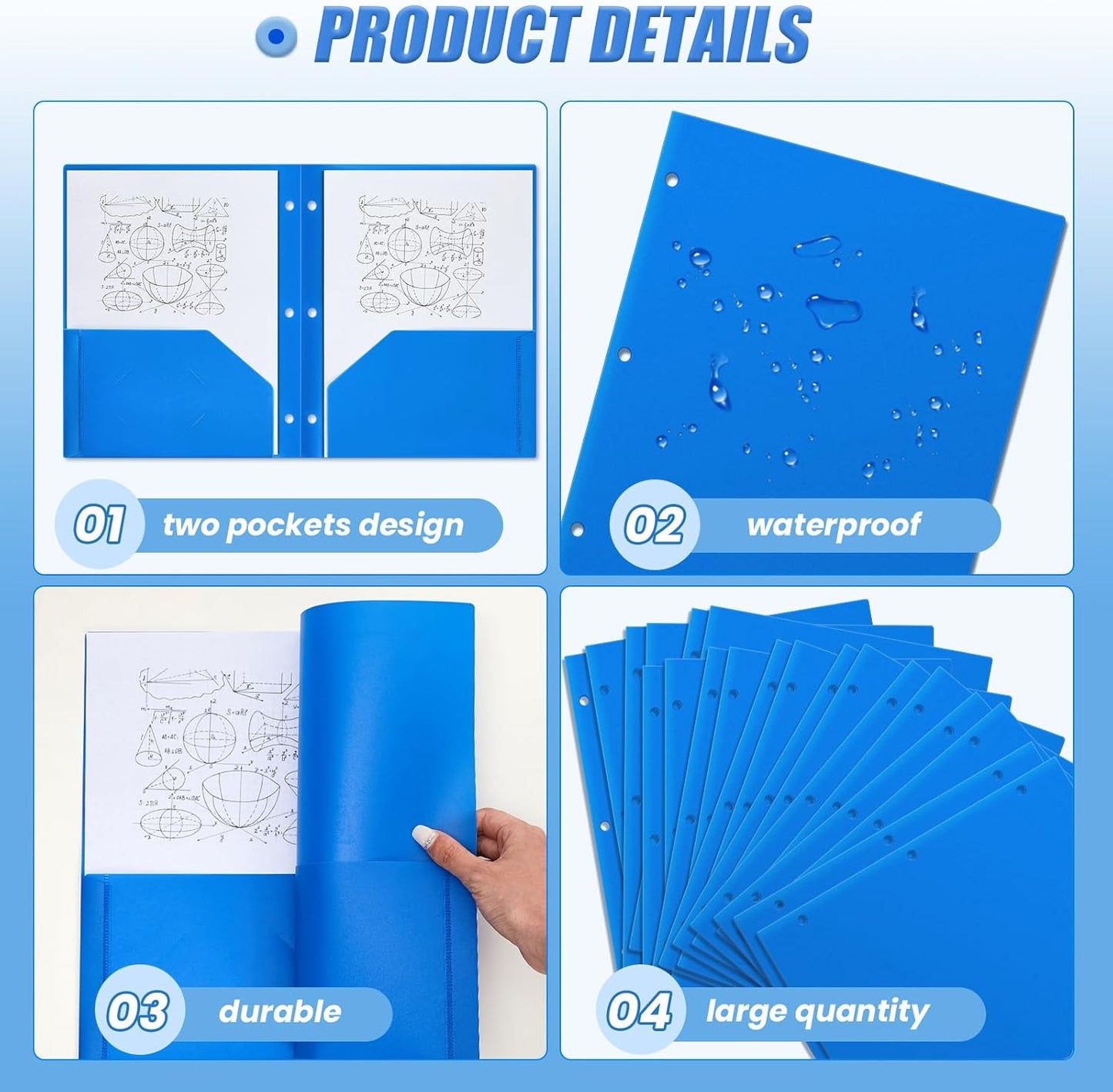 Yeaqee 100 Pcs Plastic Folders with Pockets Bulk 3 Hole Punched 2 Pocket File Folders for 3 Ring Binder Divider Folder for Notebooks, Durable Poly for Office Home (Blue)