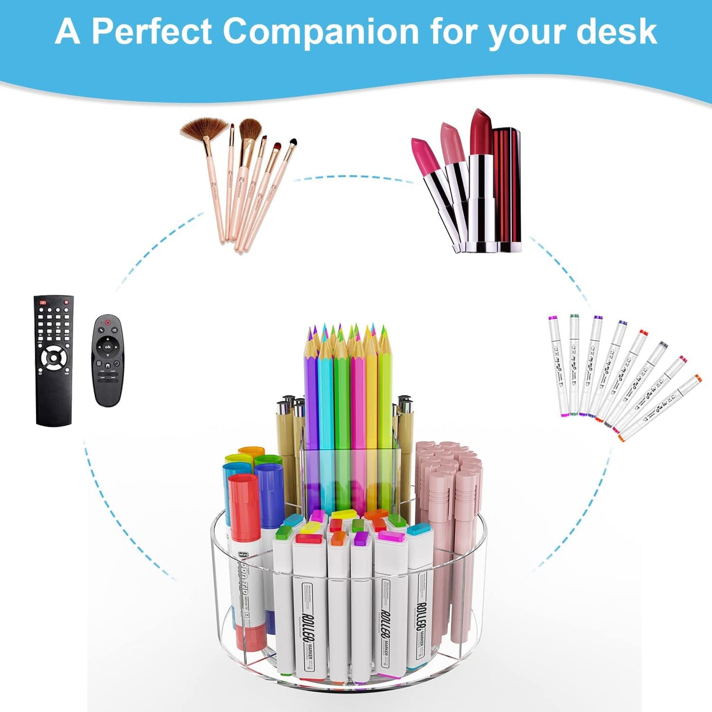 Marbrasse Acrylic Pen Holder, 360-degree Rotating Clear Pen Organizer for Desk, Desktop Stationery Organizer Caddy for Office School Home & Art Supplies (Acrylic Circle)