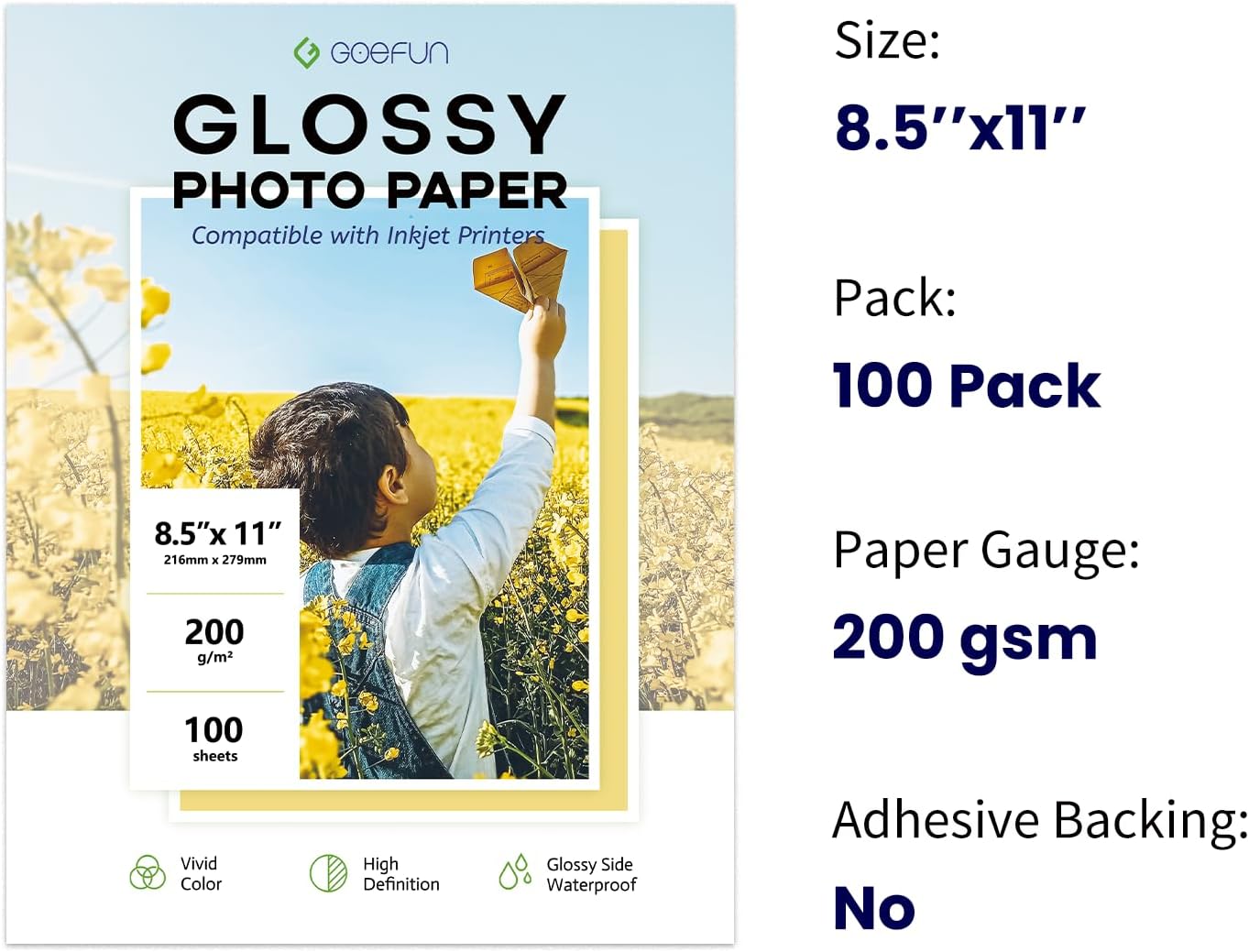 Glossy Photo Paper 8.5x11 Inch, Goefun 200GSM/54LB Inkjet Printer Paper for Dye Ink,100 Sheets
