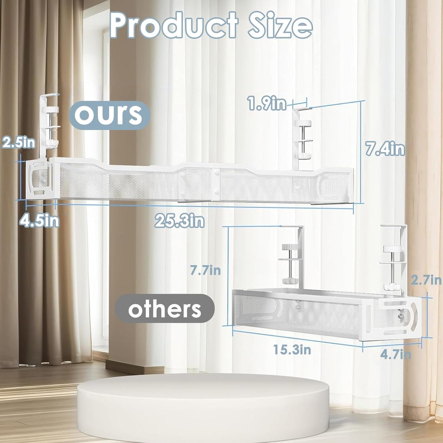 Cable Management, 25'' Cable Management Under Desk No Drill, Metal Cord Organizer with Clamp for Standing Desk, Cable Organizer for Home Office, White