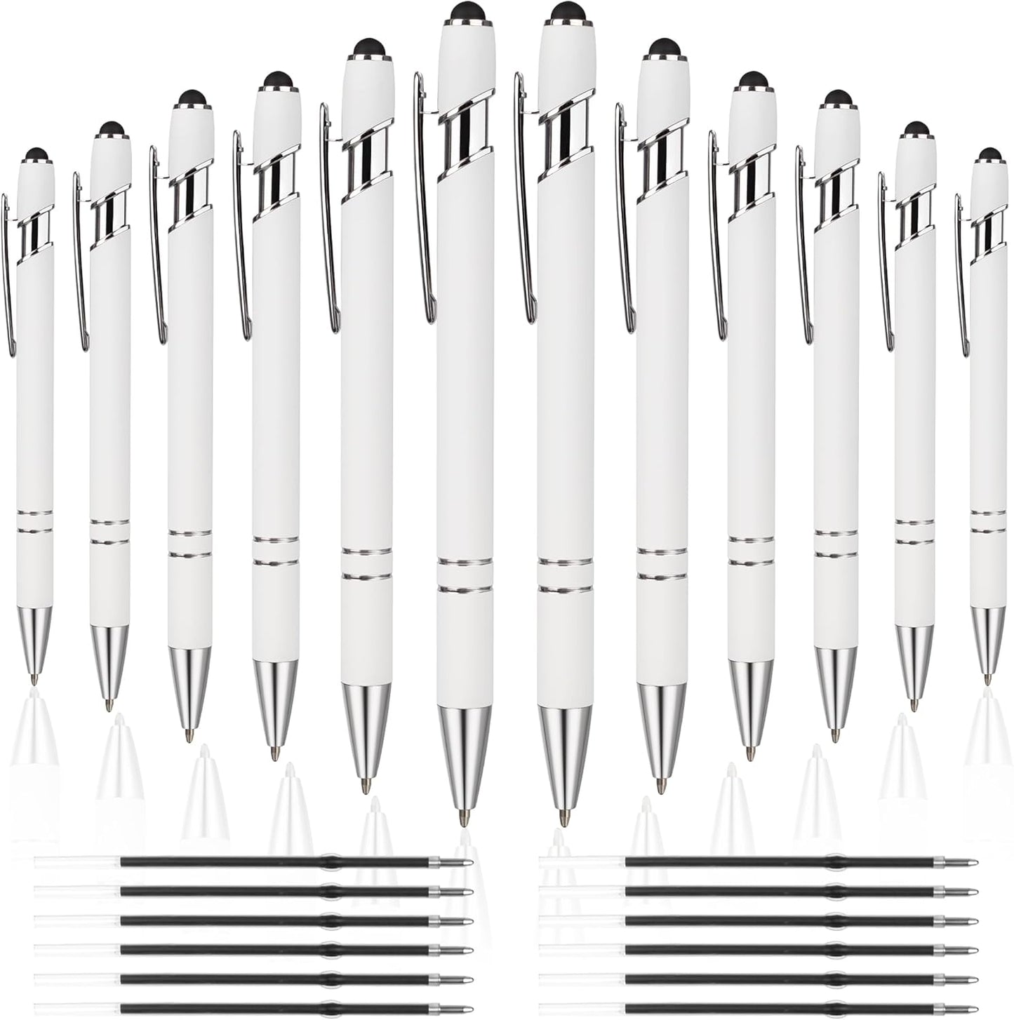 12 PCS 2 in 1 Stylus Ballpoint Pen with Stylus Tip, 1.0 mm Black Ink Metal Pen Stylus Pen for Touch Screens (Silver & White)