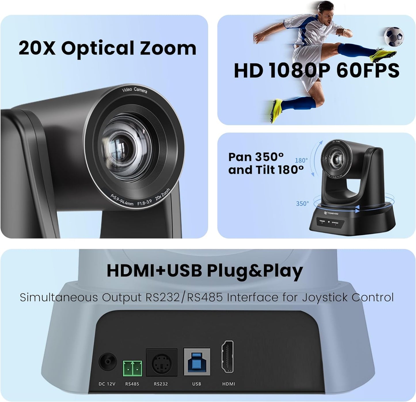 HDMI 20X Optical Zoom PTZ Conference Room Camera System, 1080P 60fps USB3.0 Computer Camera with Microphone & Bluetooth Speakerphone, Easy Setup for Church & Meetings