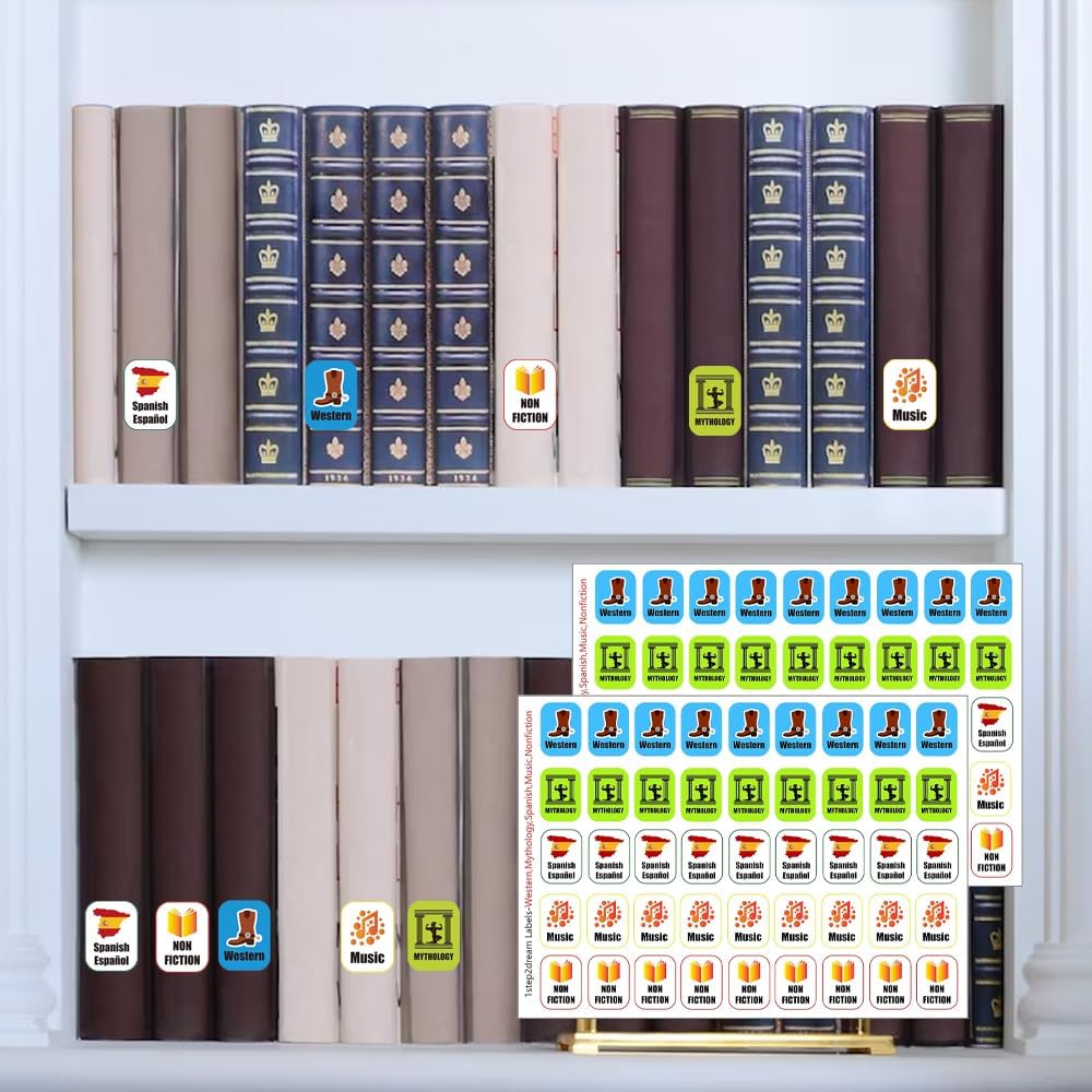 Library Genre Book Spine Labels | Classroom Classification Stickers Set of 450pcs | Nonfiction, Western, Mythology, Spanish, Music