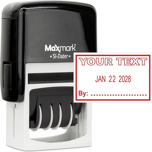 MaxMark Office Date Self Inking Stamp with Your Custom Text - 1" x 1-5/8” - Choice of Ink Color