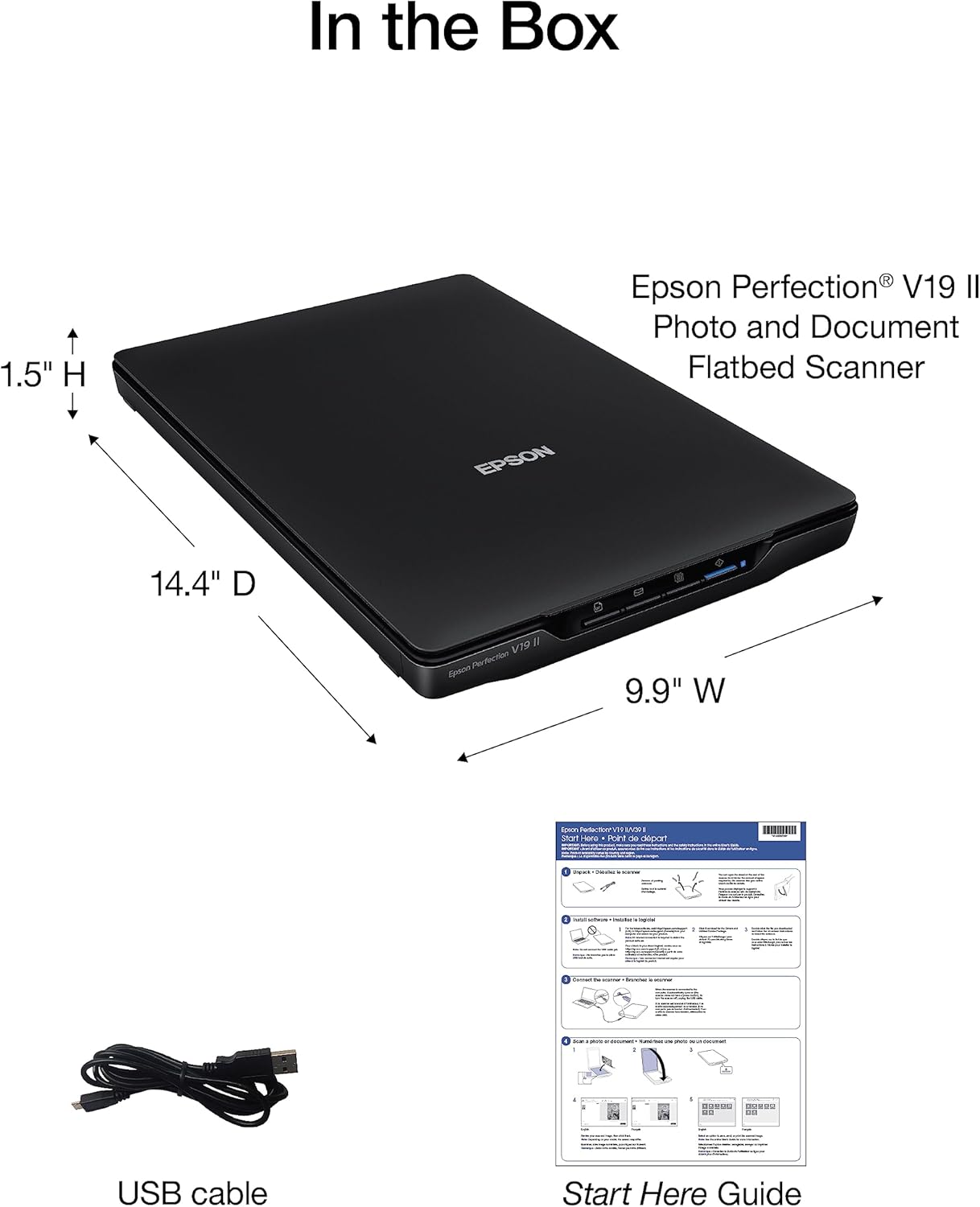 Epson Perfection V19 II Color Photo and Document Flatbed Scanner with 4800 dpi Optical Resolution, USB Power and High-Rise, Removable Lid
