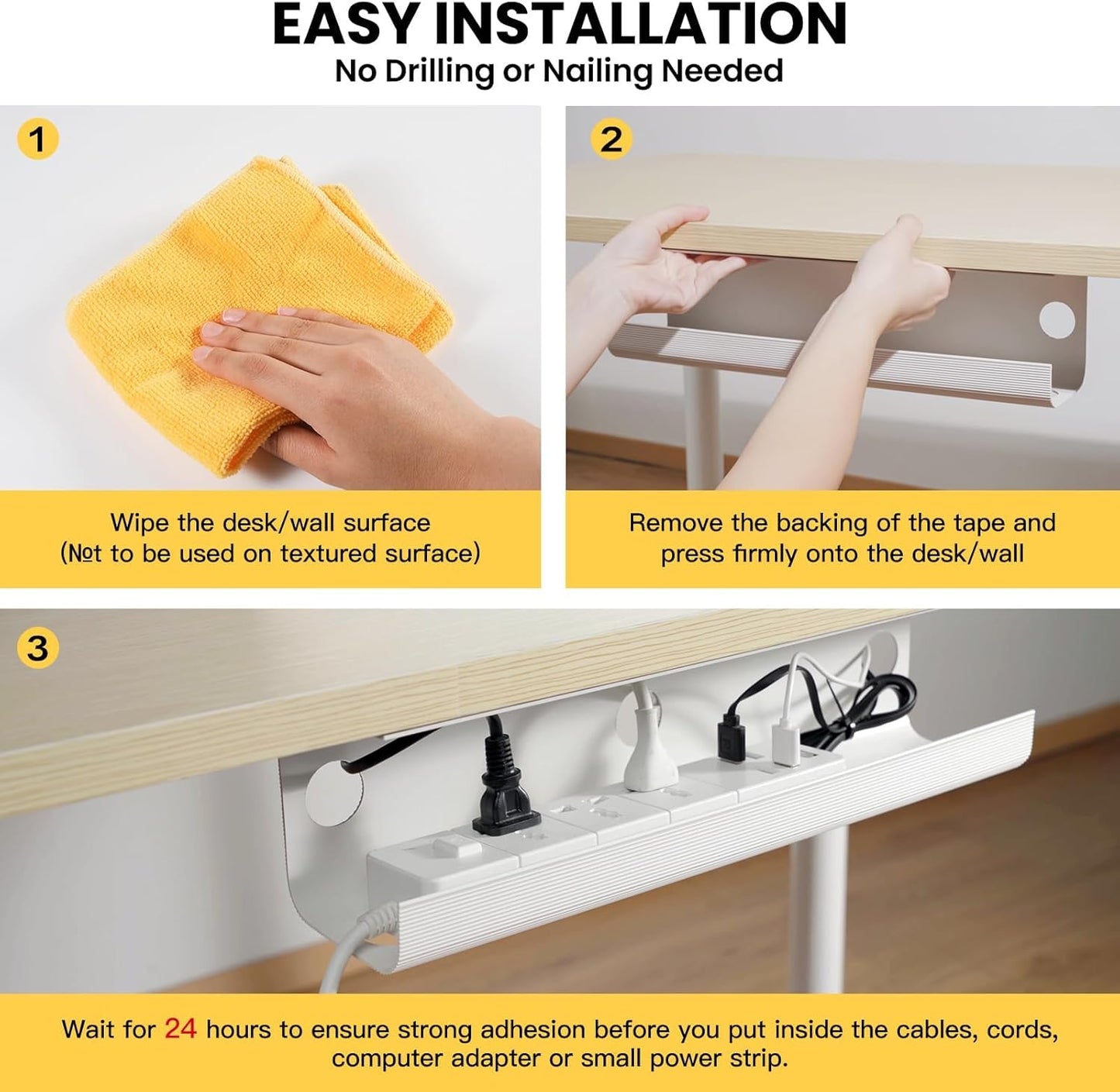 YECAYE Large Under Desk Cable Management,Easy Install Cable Management Under Desk with 4 Cord Holders & 6 Ties,Child & Pet-Safe Cord Hider,Wire Organizer,Wire Cover Tray,White