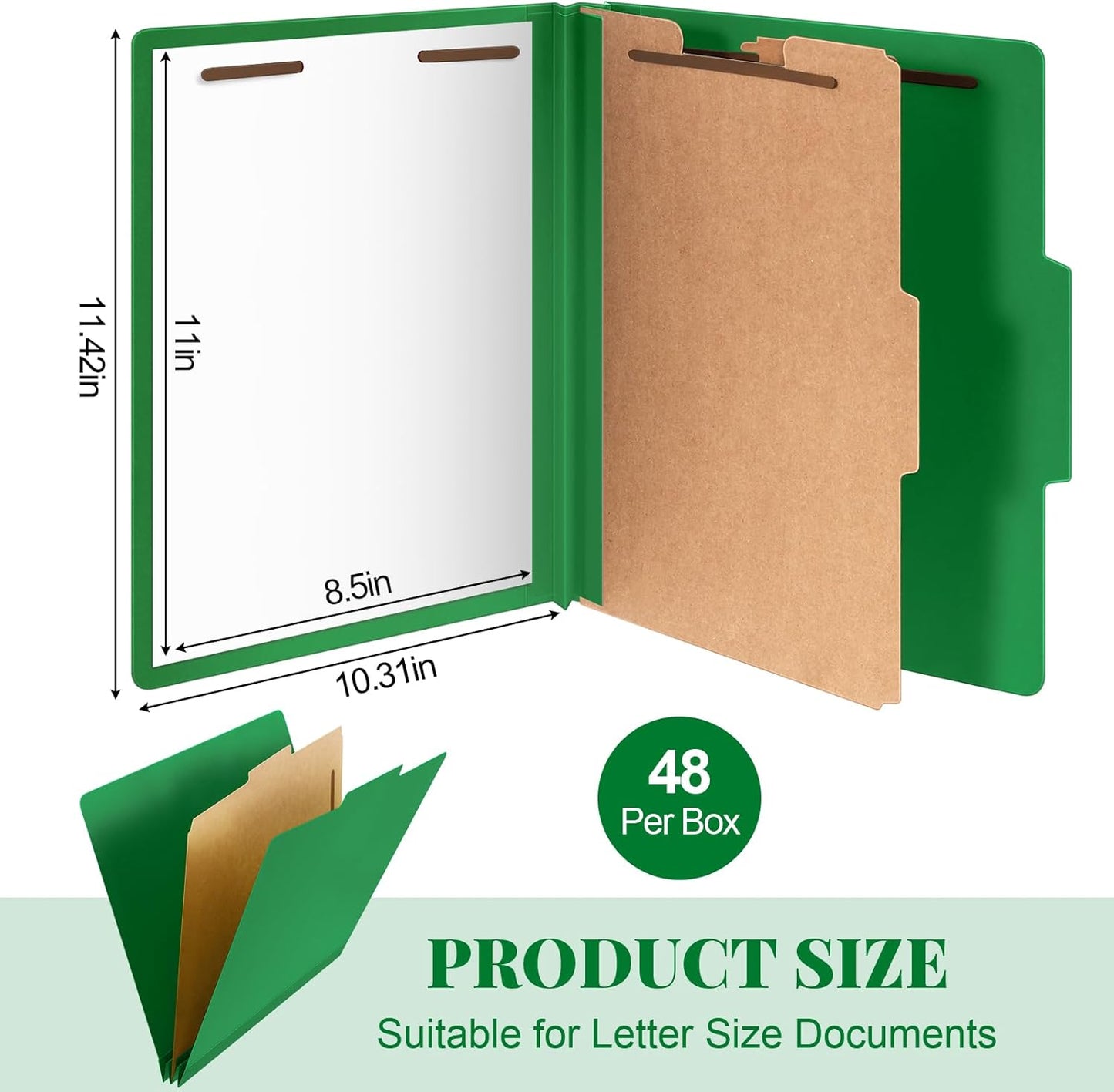 48 Pcs Classification Folders Letter Size, Back to School Supply for Teacher, Student, 1 Divider Pressboard File Folder Bulk with 2 Fasteners, 3.5 Inch Expanding File Organizer (Dark Green)