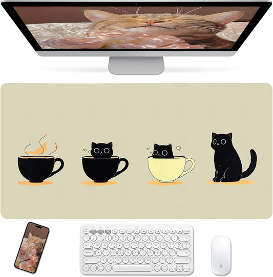 Bloss Leather Mouse Pad,Beige Anime Large Desk Pad,Cute Kawaii Cartoon Cat Desk Mats for Keyboard and Mouse,Waterproof Computer Laptop Desks Protector Mat for Office/Home/Women Gift,31.5" x 15.7"