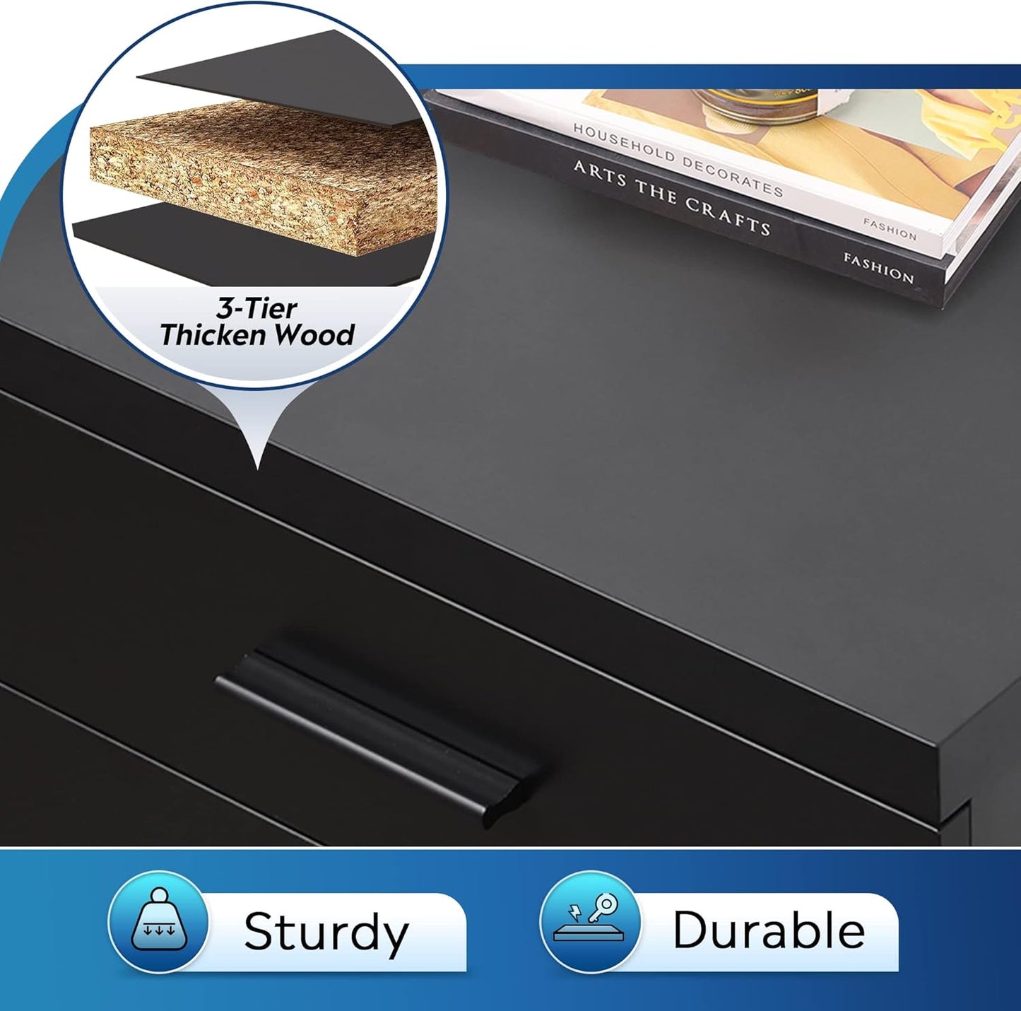 DEVAISE 3 Drawer File Cabinet for Home Office, Wood Under Desk Filing Cabinet, Rolling Printer Stand with Wheels, Black