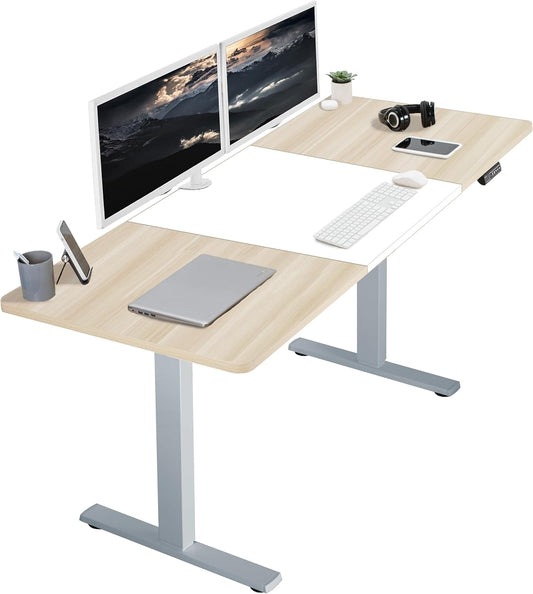VIVO Electric 71 x 30 in Standing Desk, Memory Height Adjustment, 1B Series, White and Light Wood, Top Gray Frame, DESK-KIT-1G7WC