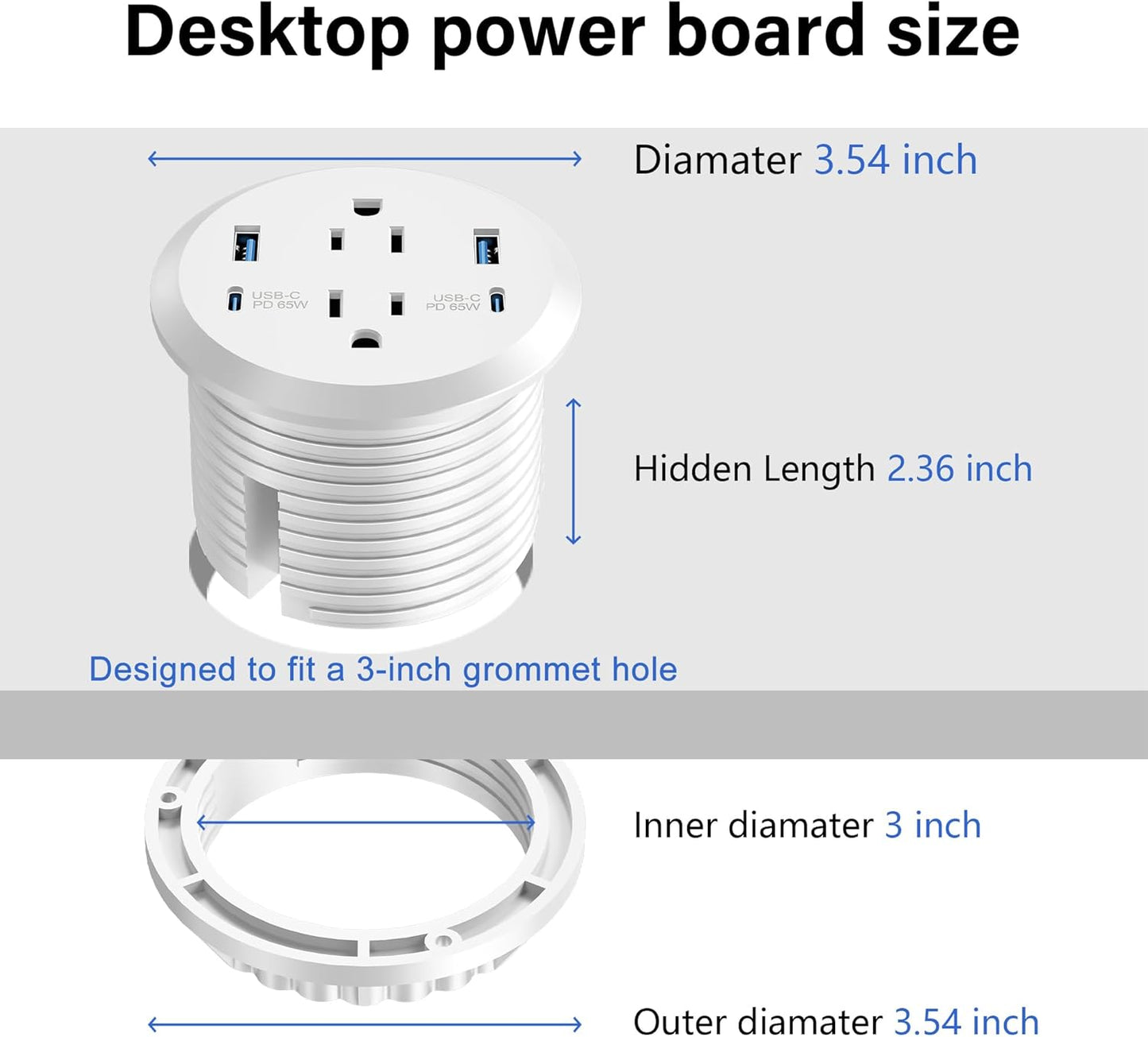 Desktop Power Grommet, 65W USB C Fast Charging, Flush Mount Recessed Power Strip 3-Inch Hole, 2 Outlets, 4 USB Ports, Countertop Outlet (White)