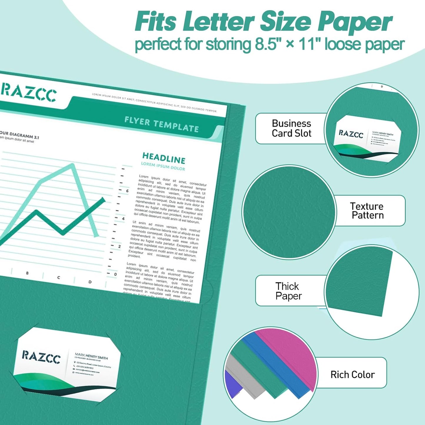 Two Pocket Folders, RAZCC 50 Pack 2 Pocket Folders Fit Letter Size Paper, Paper Folders with Pockets for School Office Business Home, Assorted 5 Colors