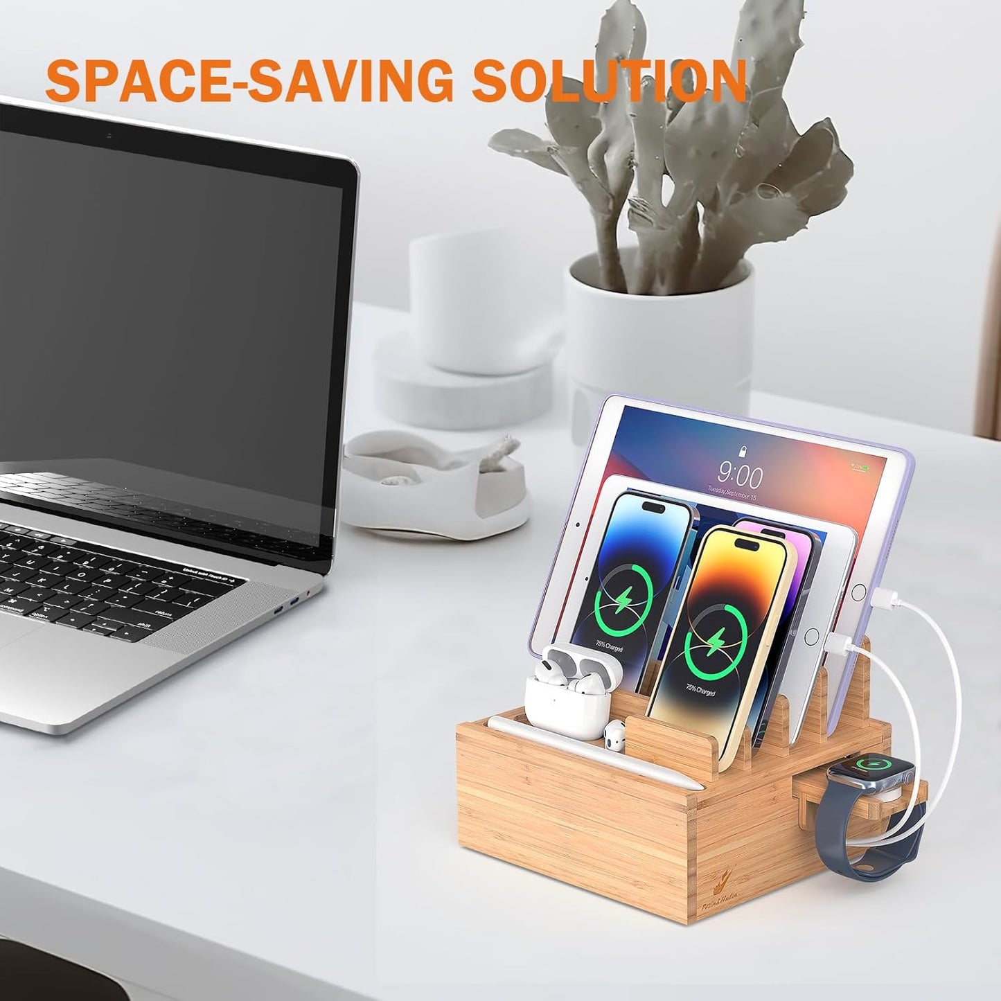 Pezin & Hulin Desktop USB Charging Station with Bamboo Charging Station, Desktop Charger Block, Compatible with Tablet, Cell Phone, Earbuds, Smartwatch