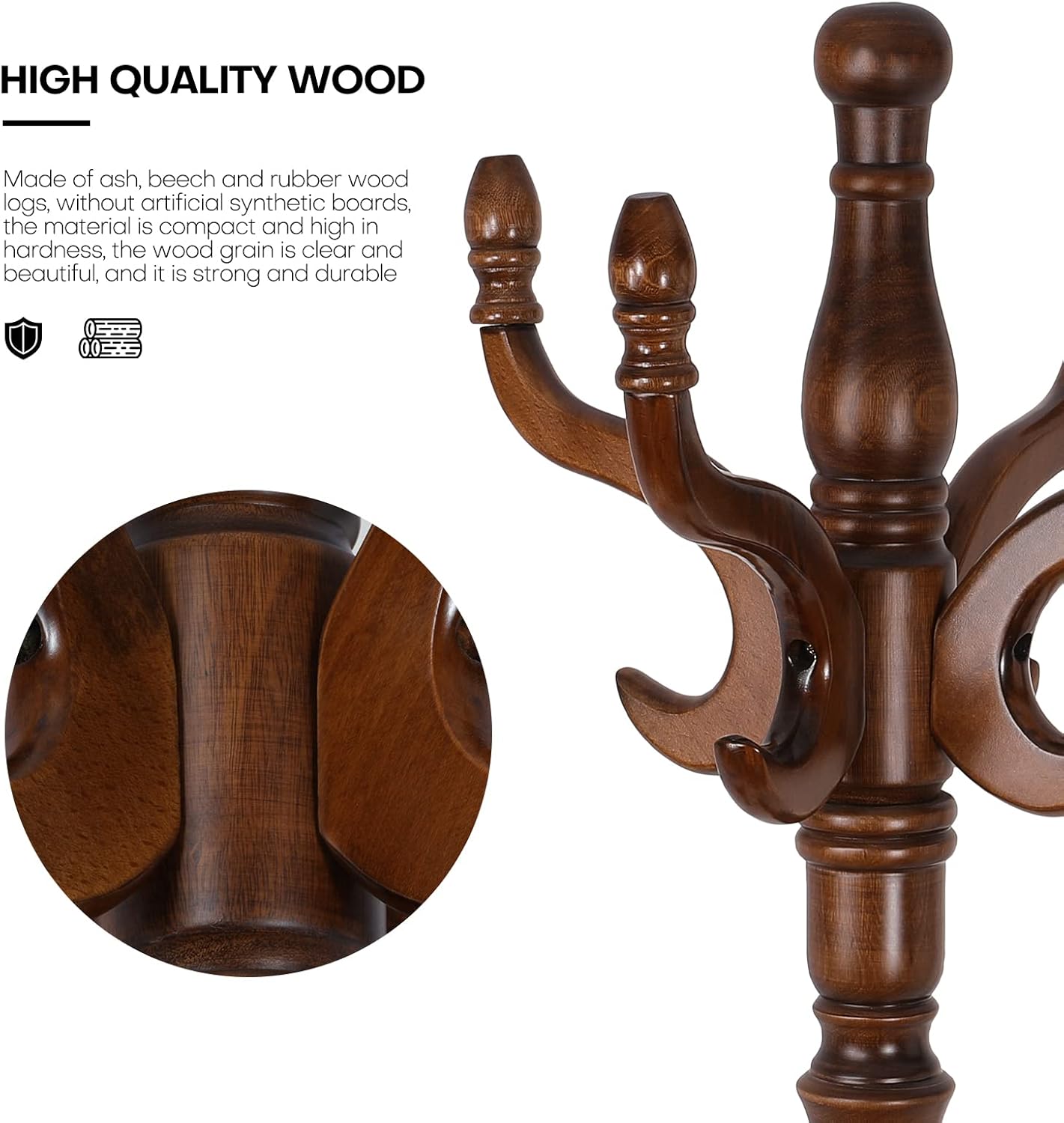 Coat Rack Freestanding Coat Tree Stand with 8 Hooks, 79" Heavy Duty Premium Ash Wood Coat Hanger Stand, Floor Standing Clothes Coat Rack Stand for Entryway Corner, Hallway,Bedroom Load 160lbs