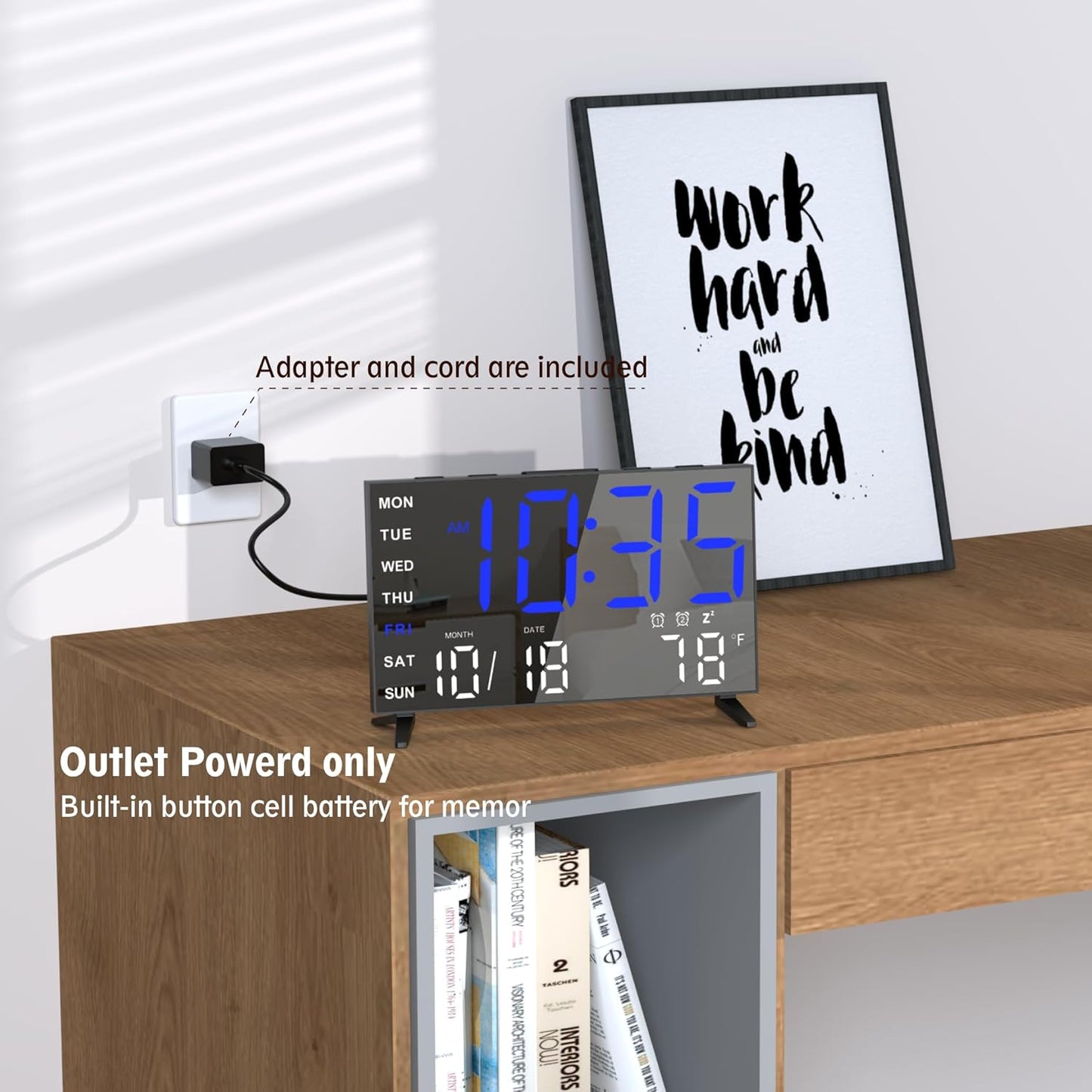 Mirror Digital Loud Alarm Clock with with Date,Indoor Temperature,USB Charging Port,Dimmer,Dual Alarms,Adjustable Volum,12/24H, Snooze, Perfect for Bedroom and Living Room (Black+Blue Digit)