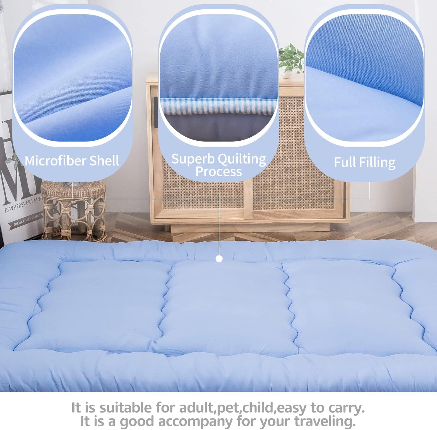 MAXYOYO Japanese Floor Mattress Futon Mattress, Thicken Sleeping Pad Foldable Roll Up Floor Futon for Adults Tatami Mat Dormitory Bed Lounger, Dusty Blue, Queen Size