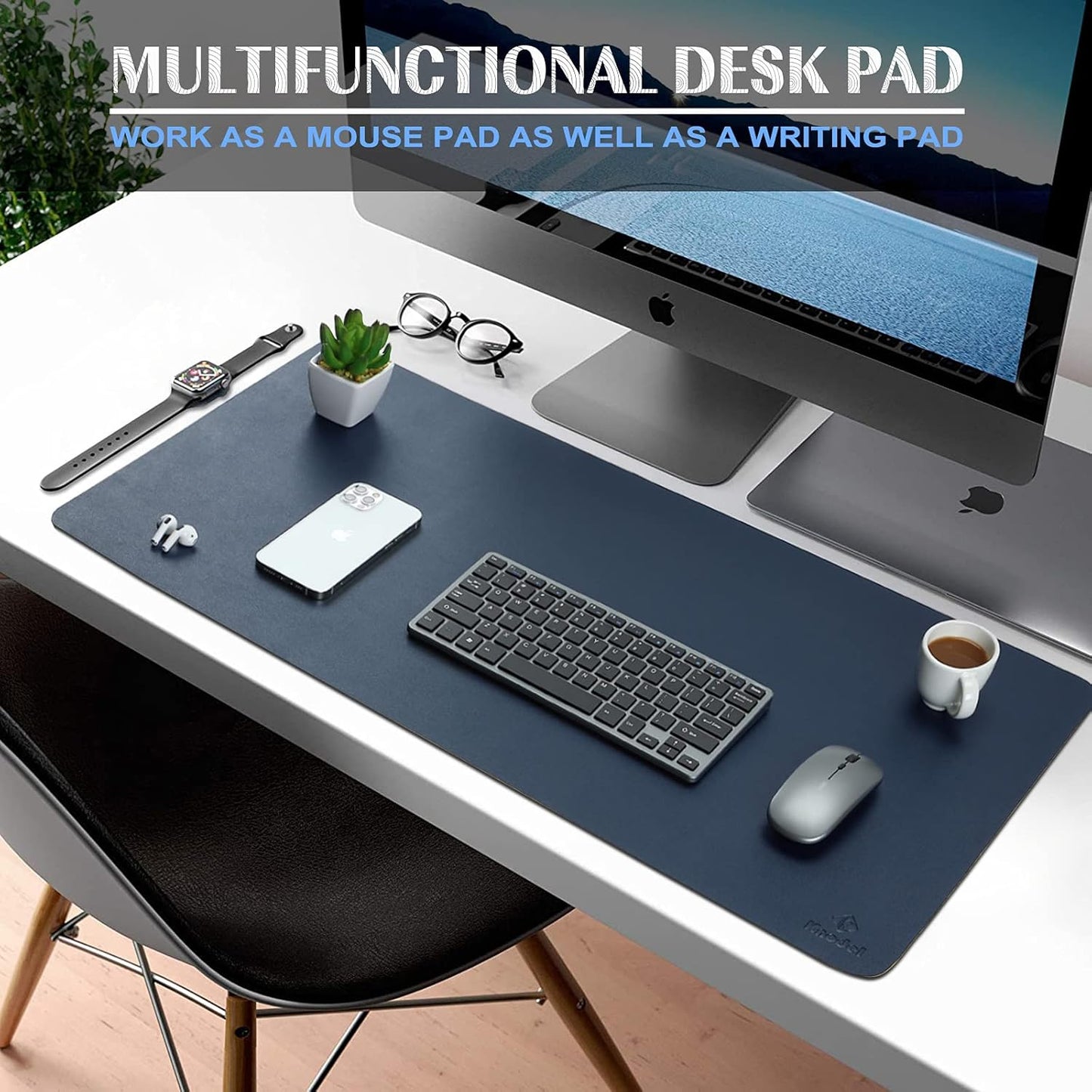 K KNODEL Small Office Leather Desk Mat, Mouse and Keyboard Pad, Computer and Laptop Mat, Desktop Protector and Cover, Writing Pad and Blotter (23.6"x13.8", Dark Blue)