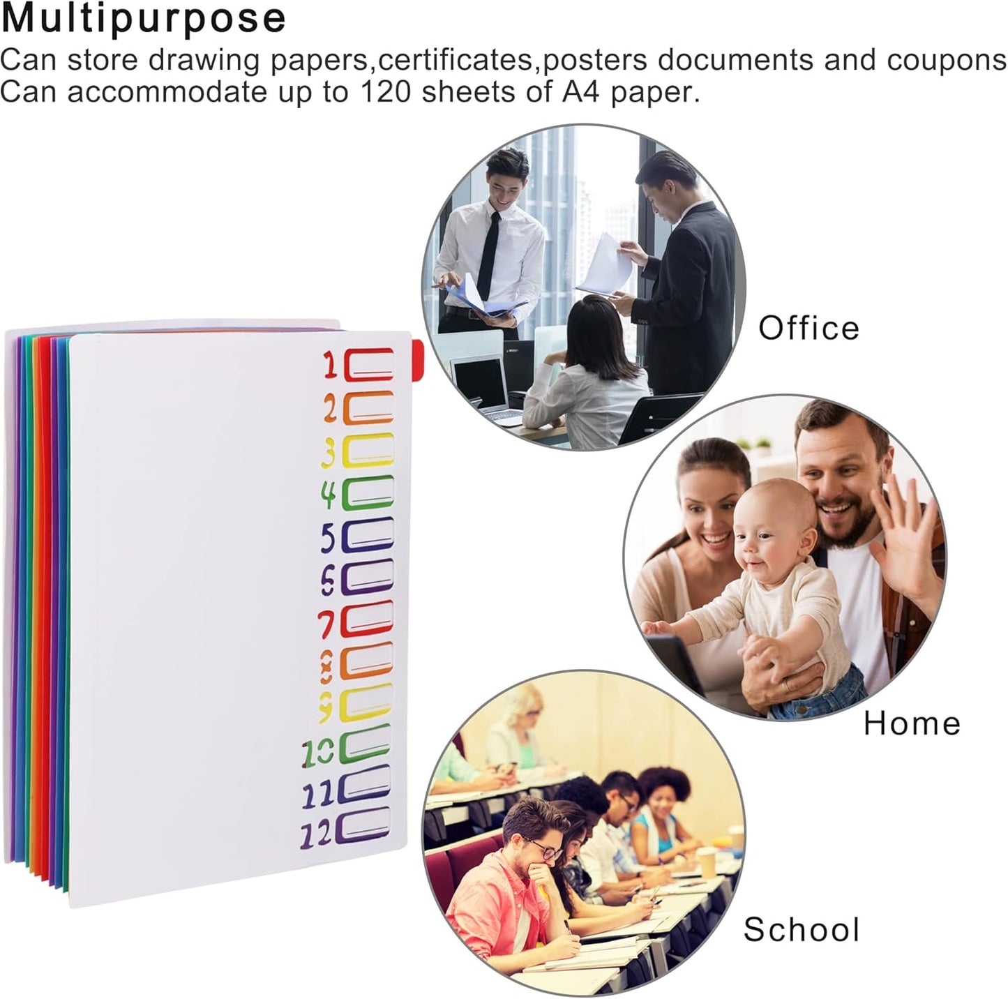Rainbow Tab Expanding File Folder - 24 Pockets, Durable A4 Letter Size Organizer, Water-Resistant Plastic Dividers, Home/Office/School Document Holder (White）