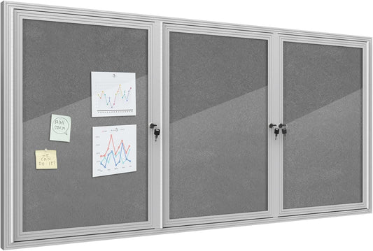 70"x34" Enclosed Bulletin Board, Outdoor Lockable Weather-Resistant Aluminum Cork Noticeboard for School & Office, Silver Frame w/Grey Flet