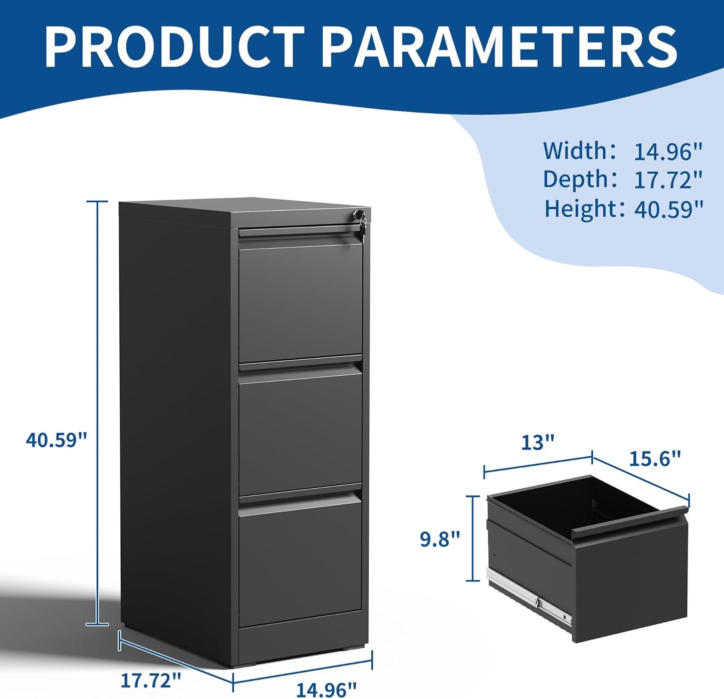 3-Drawer Locking Vertical File Cabinet, Metal Storage Cabinet for Office/Home – Secure Vertical Filing for Letter/Legal/A4/F4 Documents, Easy to Assemble Steel Cabinet, Black (Black, 3 Drawer-40 H)
