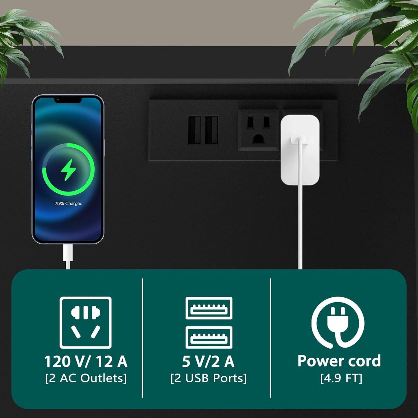 2 Drawer Lateral File Cabinet with Charging Station, Wood Filing Cabinet with Lock & LED Light, Large Storage Printer Stand for Home Office, Black