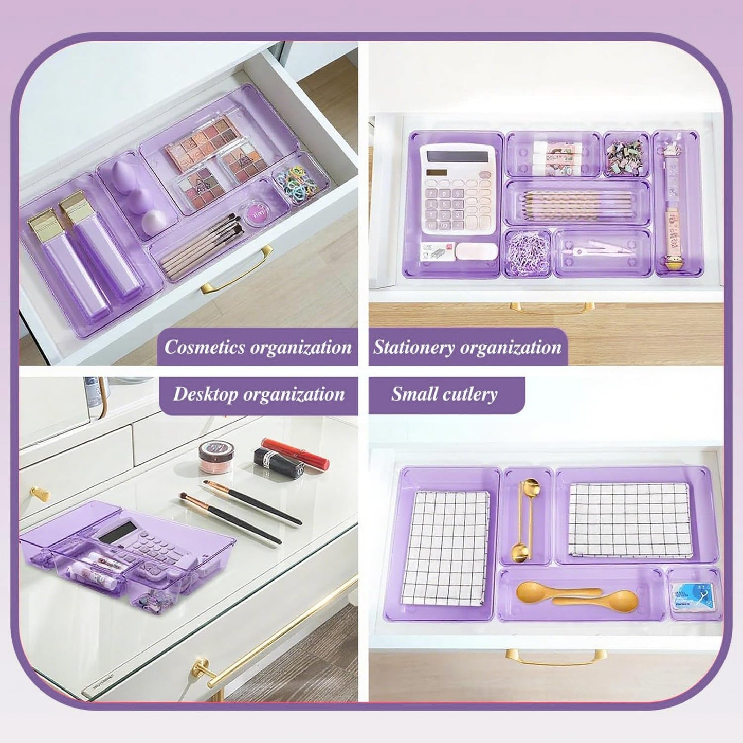 Kitchen Desk Drawer Organizers Storage for Office, Small Acrylic Vanity Trays Makeup Organizer for Drawer Bathroom Plastic Make up Organizers 25 Pcs Clear Purple