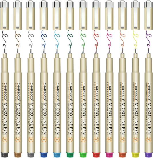 01 Micro Pen, Fine Point Pen with 12 Colors, Waterproof Archival Ink, 0.25mm Fineliner Ink Pens for Artist Illustration, Sketching, Anime, Manga, Technical Drawing and Scrapbooking