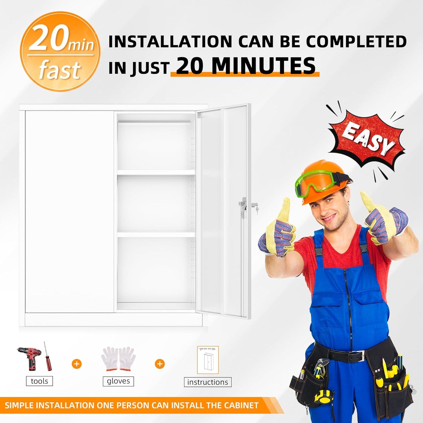 INTERGREAT Metal Cabinet with Lock, Lockable Metal Storage Cabinets with Doors and Shelves for Garage, White Locking Garage Storage Cabinets 36"×32"×16"