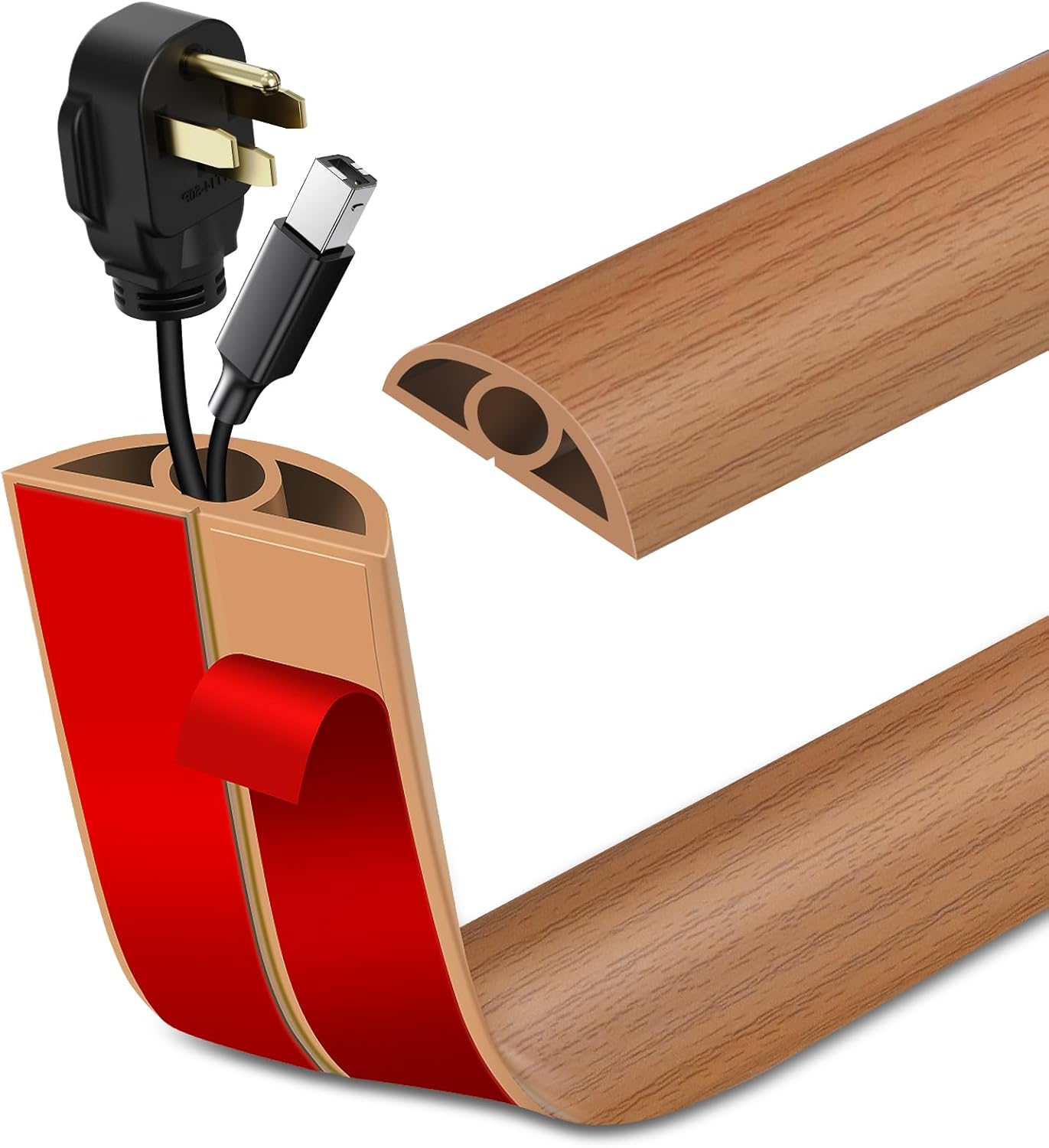 Floor Cord Cover Self Adhesive Cord Hider Floor Extension Cord Covers for Floor Power Cord Protector Cable Management Prevent Cable Trips Cable Cavity 0.32" W x 0.32" H (Light Brown Wood, 20Ft)