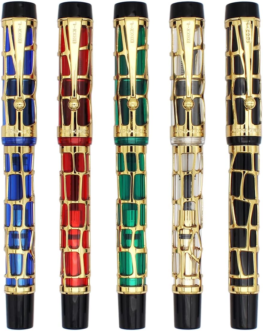 Gullor Century 100 Fountain Pen, Skeleton Hollow-out Series Golden, Screw-Cap, Fine Nib, Black