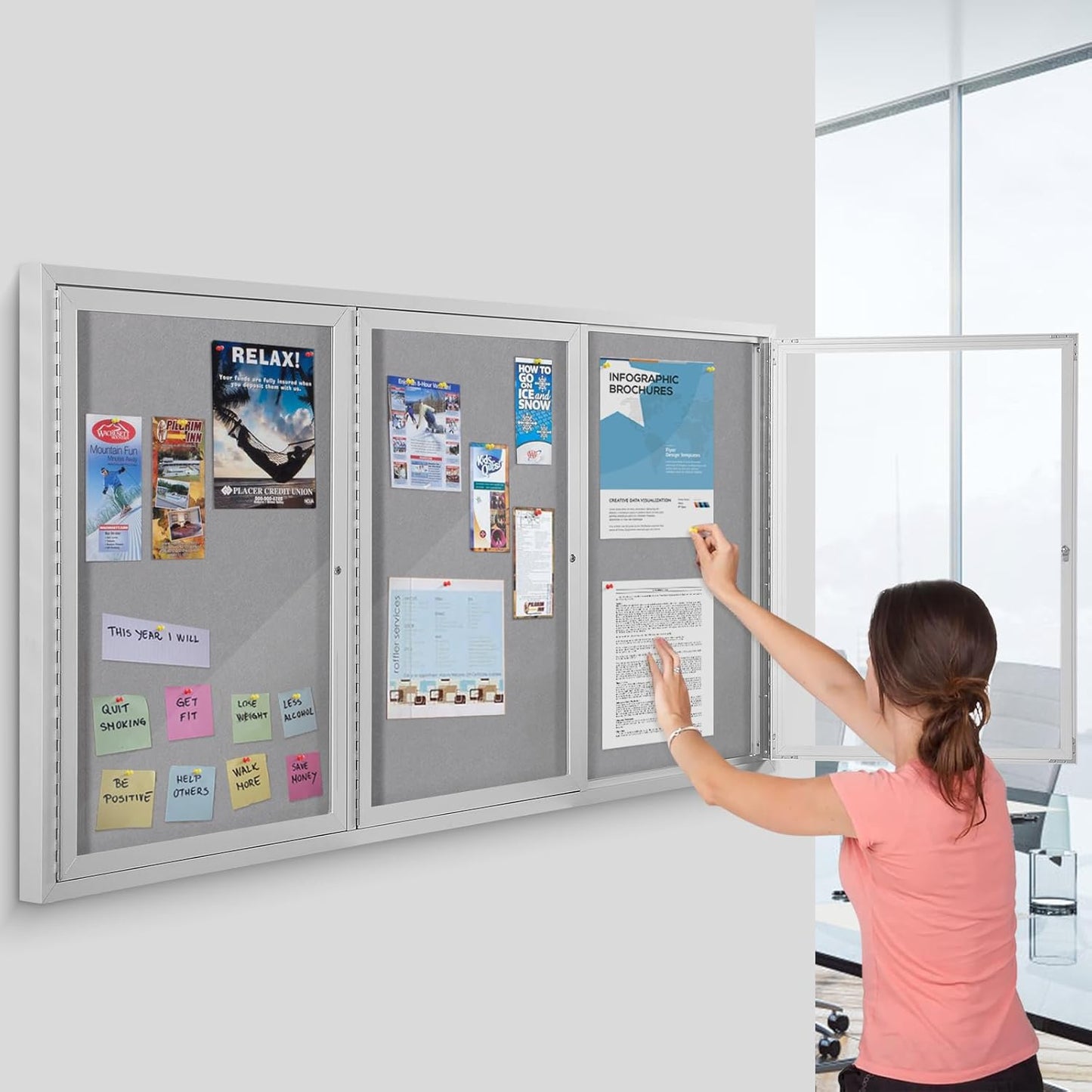 SWANCROWN Outdoor Bulletin Board 94x48in, Enclosed Bulletin Board with Locking Door for Office School Commerce, Grey Felt, Sliver Aluminum Frame
