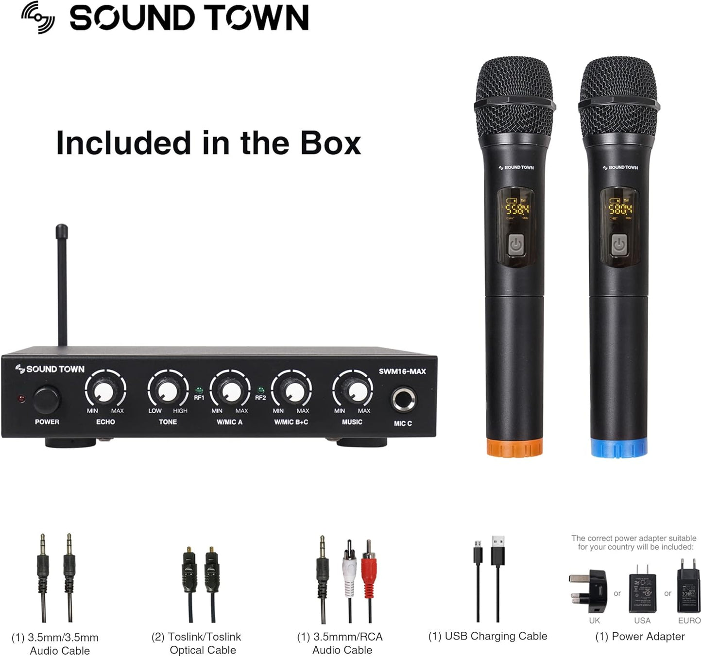 Sound Town Wireless Microphone Karaoke Mixer System with HD Audio Return Channel, Optical (Toslink), AUX, Supports Smart TV, Media Box, PC, Bluetooth, Soundbar, Receiver (SWM16-MAX)