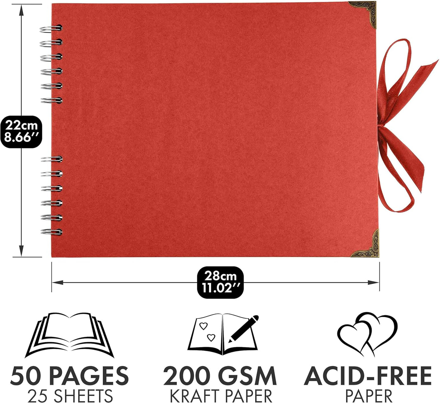 Bstorify Square Scrapbook Photo Albums 50 Pages (11 x 8.5 Inch) Red Thick Paper, Hardcover, Ribbon Closure - Ideal for Your Scrapbooking Albums, Art & Craft Projects (Red, 11 x 8.5 Inch)