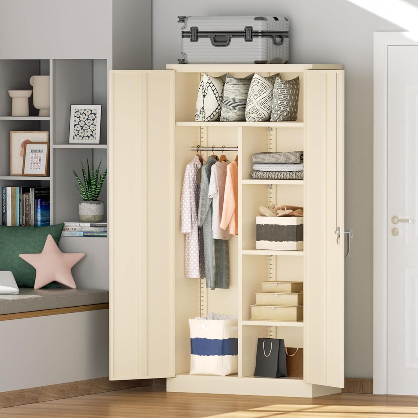 Greenvelly Metal Storage Wardrobe Cabinet with Lock, 72" Grey Metal Wardrobe Closet for Hanging Clothes with Doors and Shelves, Modern Clothes Closet for Home, Office and Bedroom, School,Gym