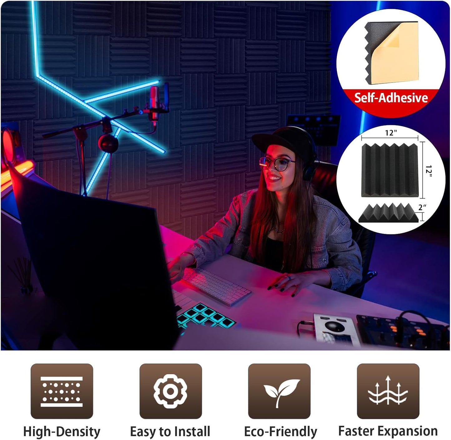 12 Pack Acoustic Foam Panels with Self-Adhesive 2" X 12" X 12" Wedges Sound Proof Foam Panels for Walls High Density Soundproof Wall Panels for Studio and Home