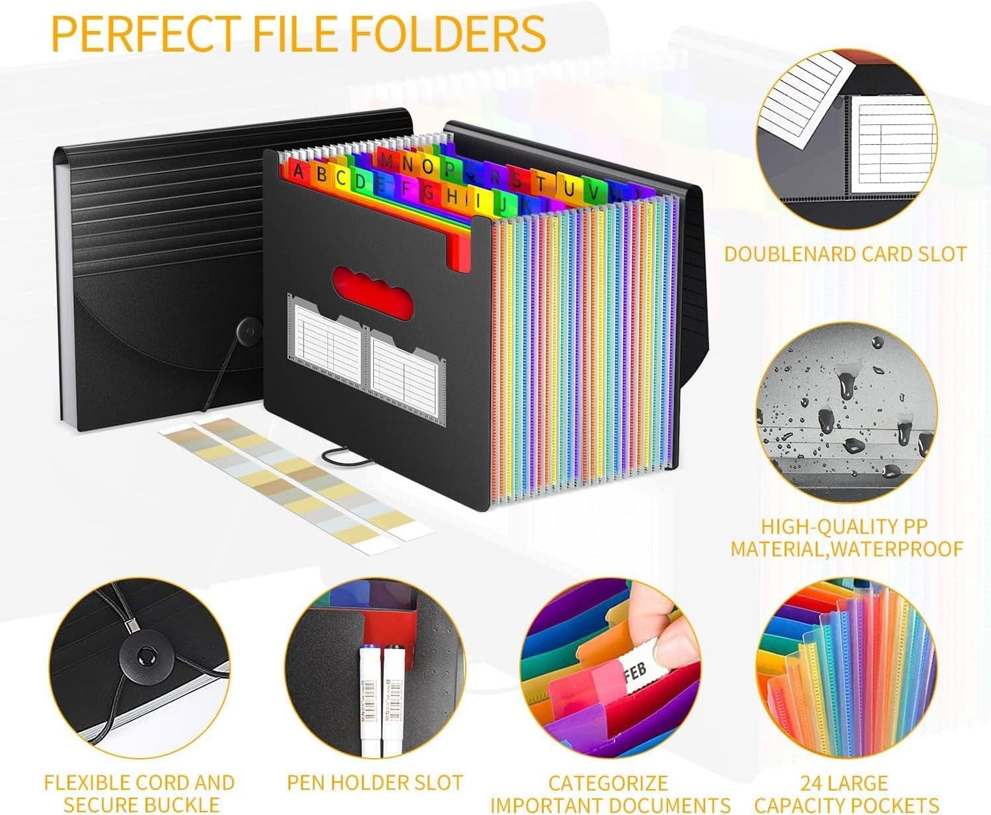 Accordion File Organizer Expanding File Folders,25 Pockets Document Organizer,Plastic Accordian File Folder,Expandable Bill Paper Documents Receipt Filing Box,A4 / Letter Size,2 Colored Tabs