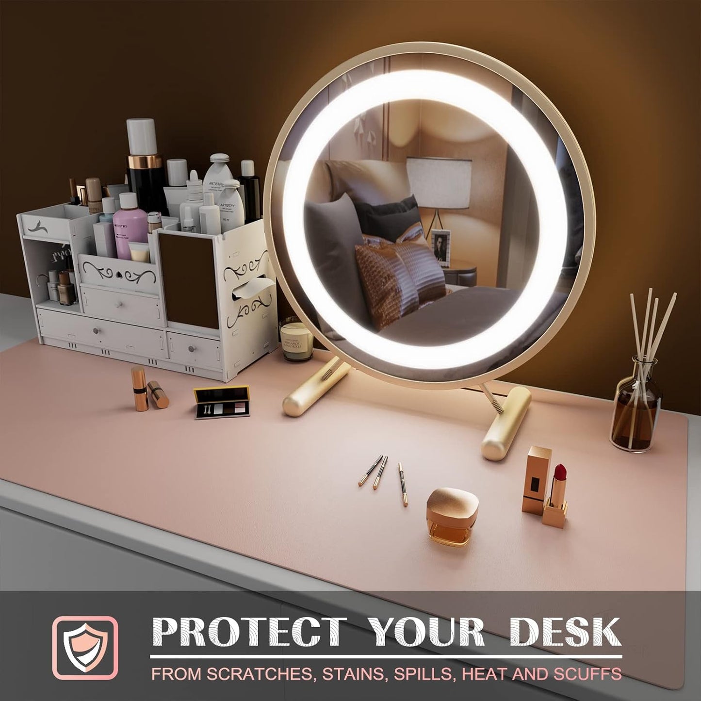 K KNODEL Large Office Leather Desk Mat, Mouse and Keyboard Pad, Computer and Laptop Mat, Desktop Protector and Cover, Writing Pad and Blotter (35.4"x17", Pink)