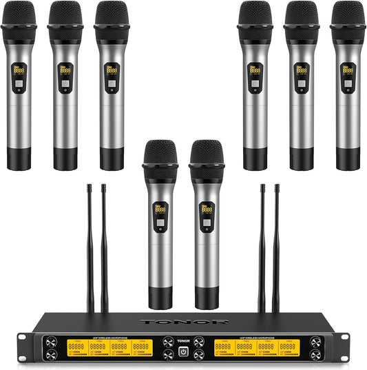 TONOR Wireless Microphone System, 12-Channel UHF Cordless Mic, 8 Handheld Metal Dyanmic Mic with Receiver, 295ft Range, 8x12 UHF Frequencies, Mic Mute, Ideal for Church Singing Karaoke Rehearse TW880