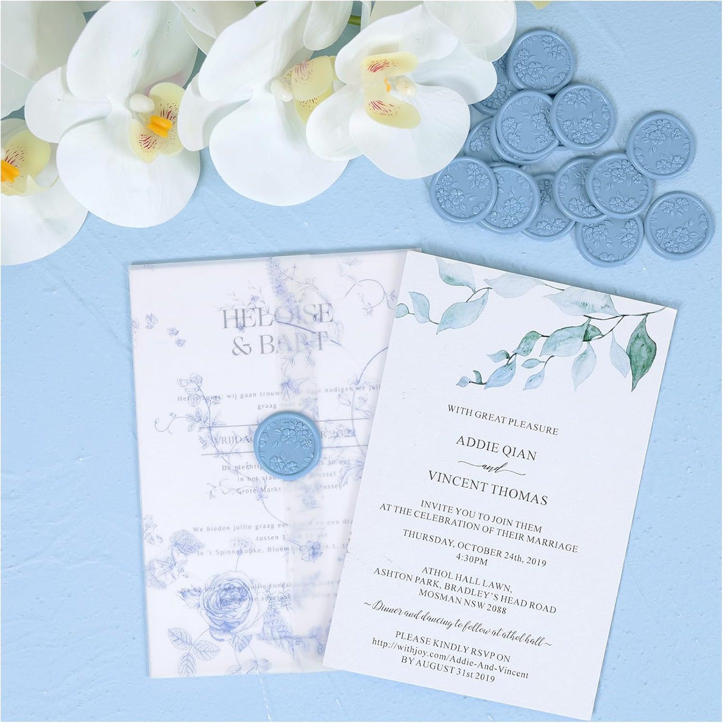 UNIQOOO Wax Seal Stickers - 3D Begonia Wedding Invitation Envelope Botanical Seal Stickers, 50 Pcs Self- Adhesive Dusty Blue Stickers, Perfect for Invitation, Christmas, Gift Wrapping, Party